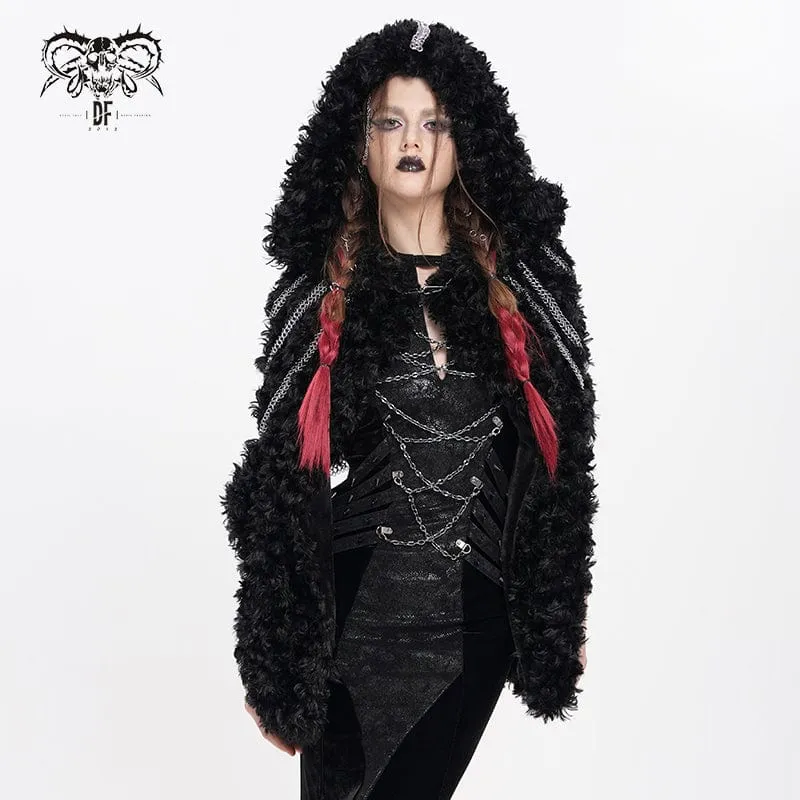 Flauschiger Gothic-Umhang mit Kettenkapuze für Damen
