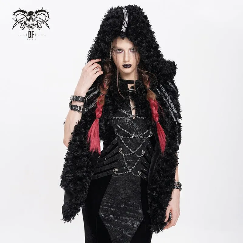 Flauschiger Gothic-Umhang mit Kettenkapuze für Damen