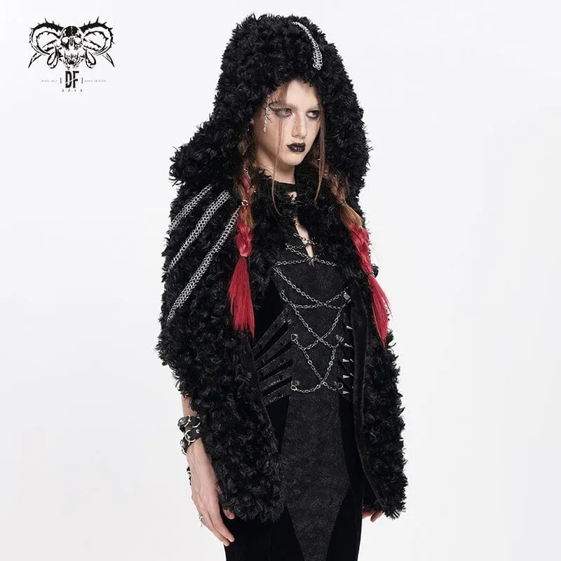 Flauschiger Gothic-Umhang mit Kettenkapuze für Damen