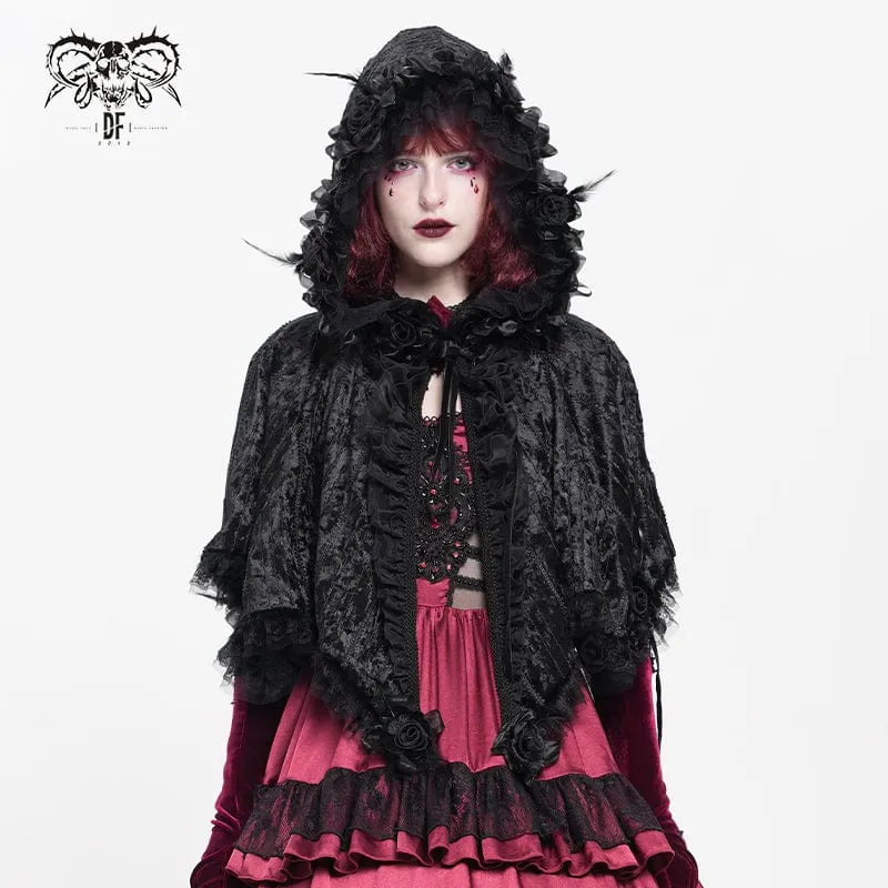 Gothic-Cape mit Kapuze und floralem Spitzensaum für Damen