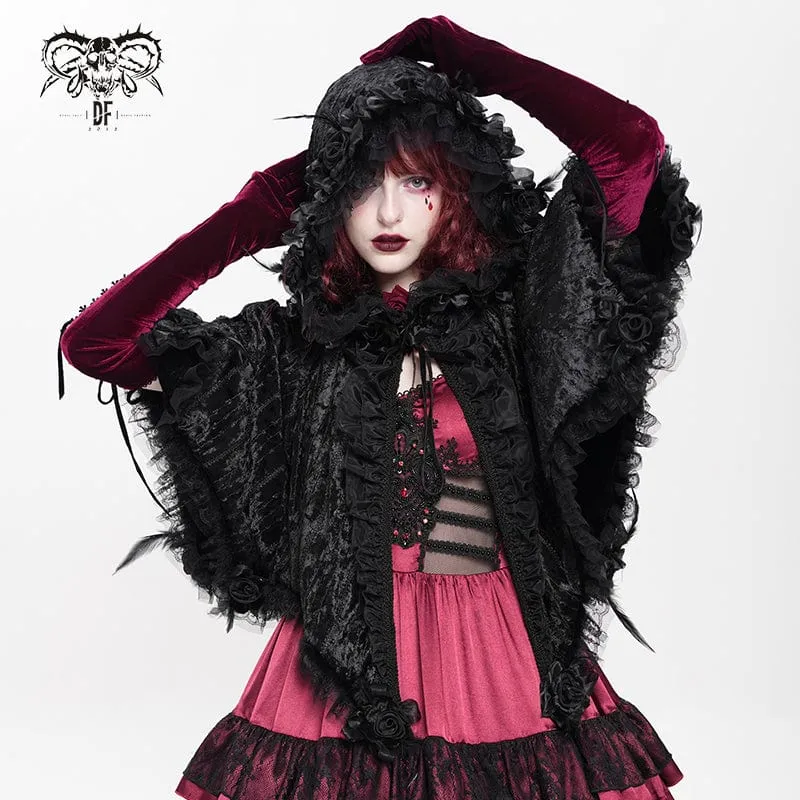 Gothic-Cape mit Kapuze und floralem Spitzensaum für Damen