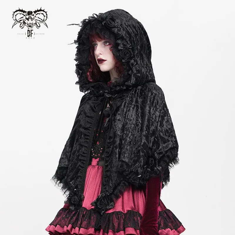Gothic-Cape mit Kapuze und floralem Spitzensaum für Damen