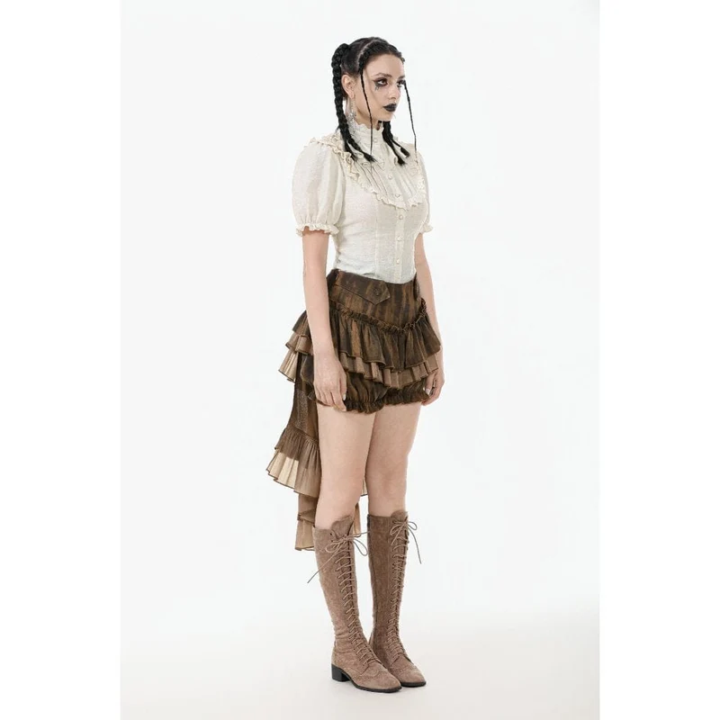 Steampunk-Kurzarmhemd mit Stehkragen und Rüschen für Damen