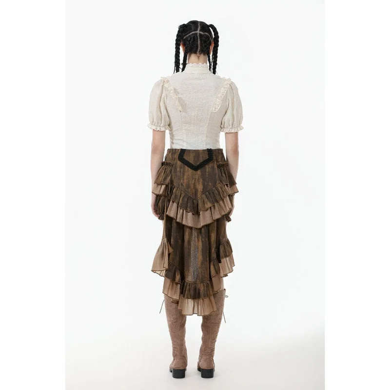 Steampunk-Kurzarmhemd mit Stehkragen und Rüschen für Damen