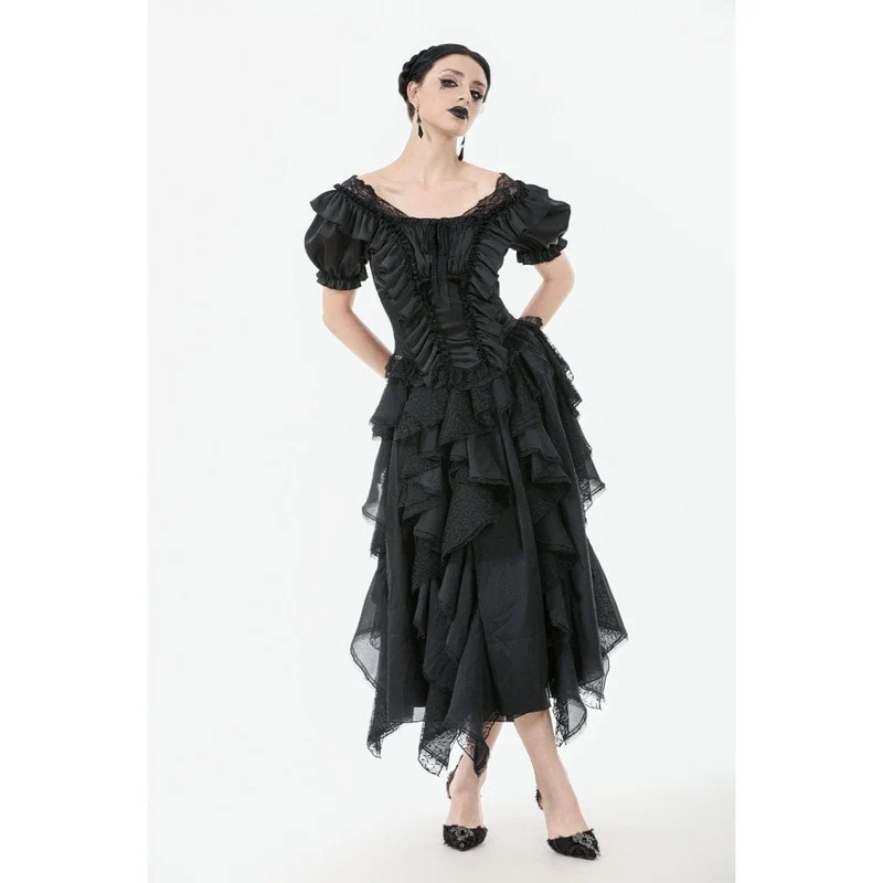 Gothic-Spitzentop mit Rüschen und quadratischem Kragen für Damen
