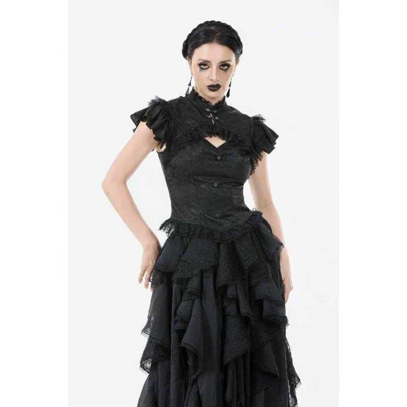 Gothic-Jacquard-Kurzarmhemd mit Cutout und Spitzenrüschen für Damen