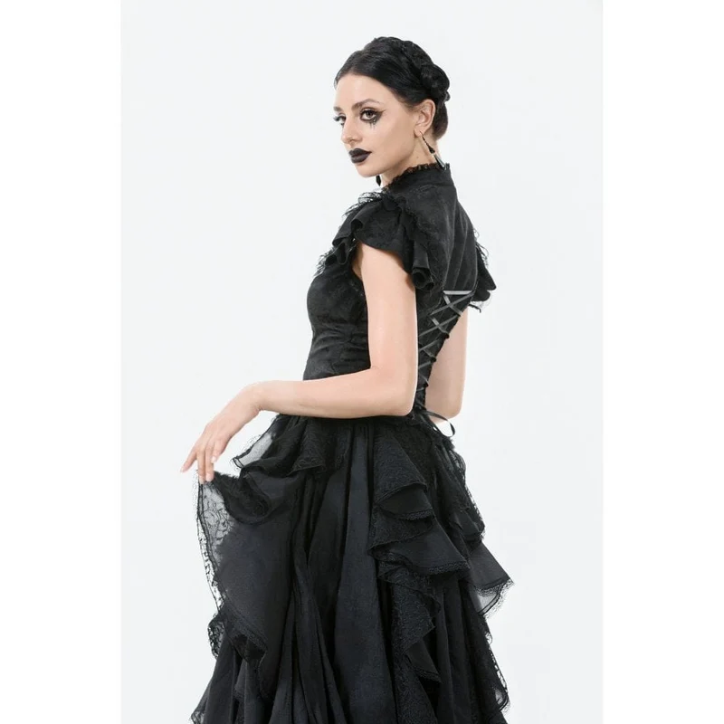 Gothic-Jacquard-Kurzarmhemd mit Cutout und Spitzenrüschen für Damen
