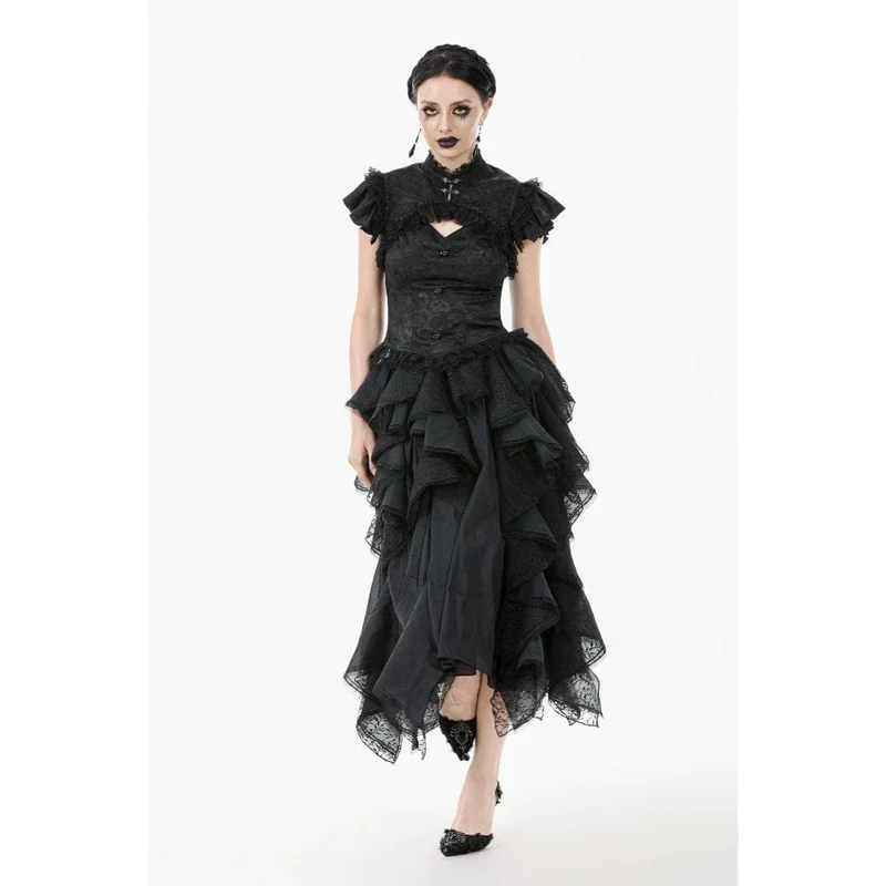 Gothic-Jacquard-Kurzarmhemd mit Cutout und Spitzenrüschen für Damen