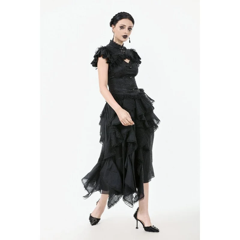 Gothic-Jacquard-Kurzarmhemd mit Cutout und Spitzenrüschen für Damen