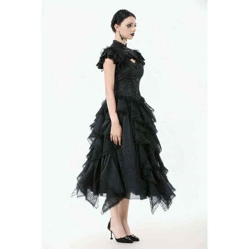 Gothic-Jacquard-Kurzarmhemd mit Cutout und Spitzenrüschen für Damen