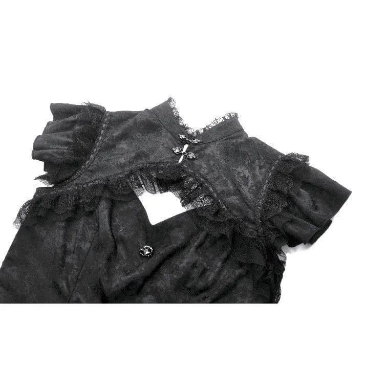 Gothic-Jacquard-Kurzarmhemd mit Cutout und Spitzenrüschen für Damen