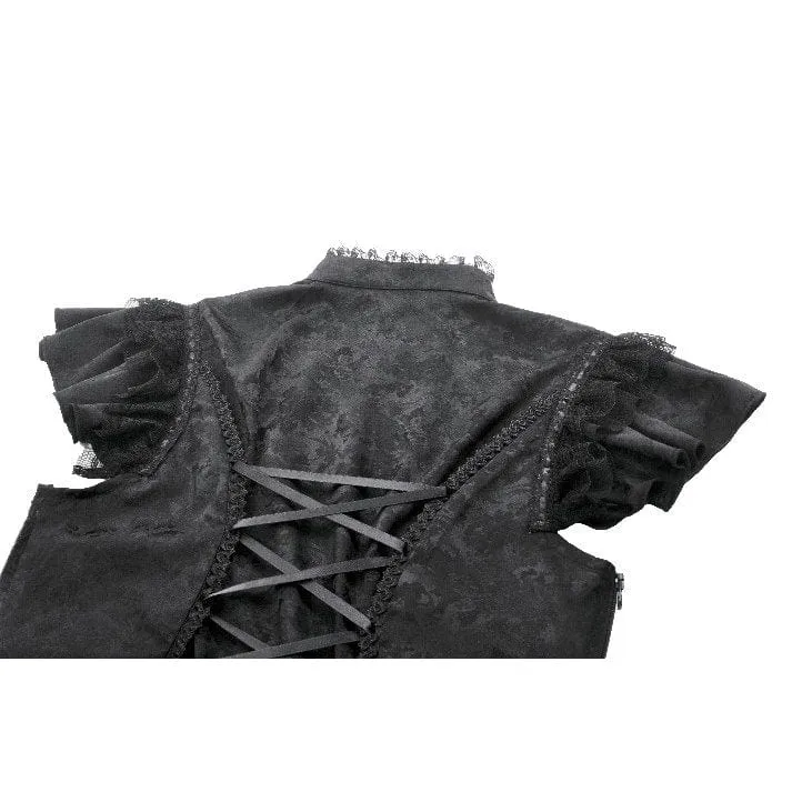 Gothic-Jacquard-Kurzarmhemd mit Cutout und Spitzenrüschen für Damen