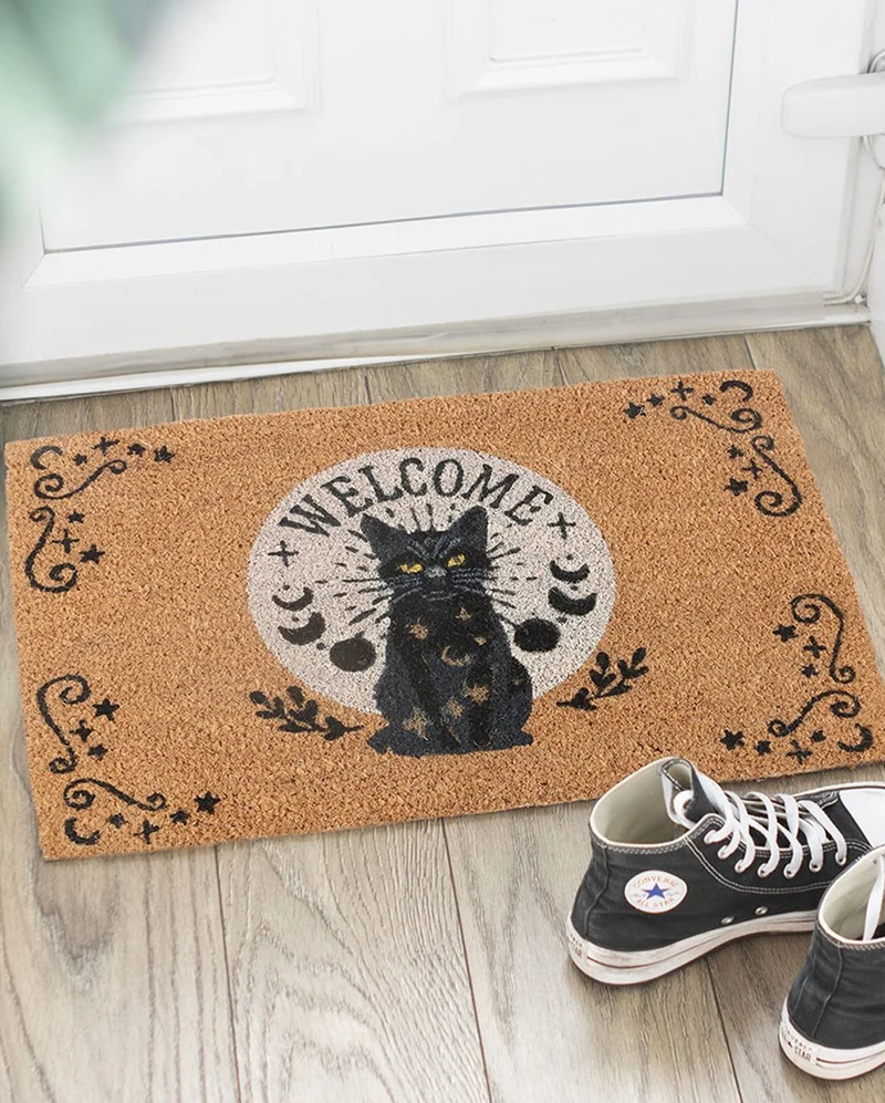 Schwarze Magick Katze Türmatte aus Kokosfaser 60cm