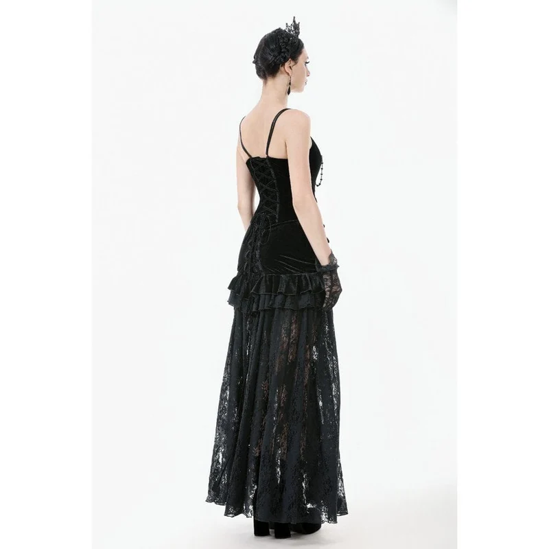 Damen Gothic Rüschen Samt Transparenter Spitzen Maxirock