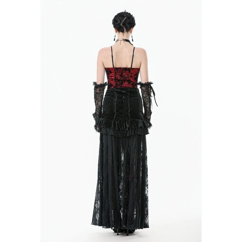 Damen Gothic Rüschen Samt Transparenter Spitzen Maxirock