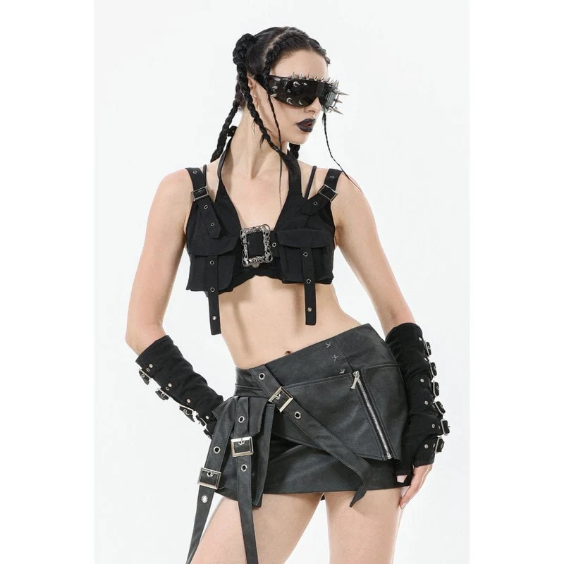 Kurzer Rock aus Kunstleder mit Punk-Trägern für Damen