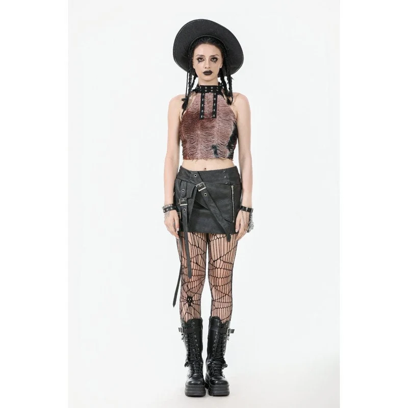 Kurzer Rock aus Kunstleder mit Punk-Trägern für Damen