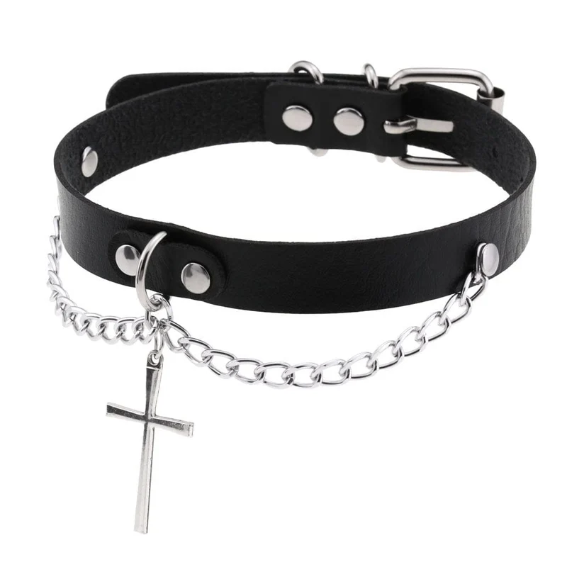 Damen Punk Cross Buckle Choker mit Kette