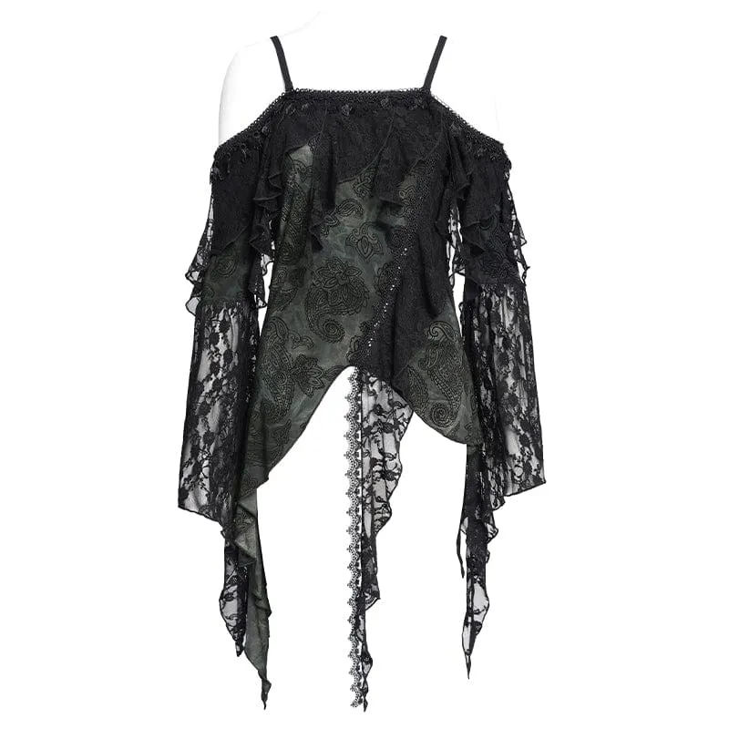 Gothic-Rüschen-Shirt mit unregelmäßigem schulterfreiem Schnitt für Damen