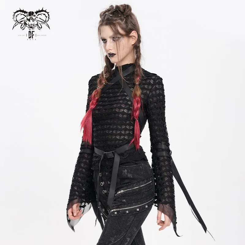 Punk-Netzhemd mit Schnallenriemen für Damen
