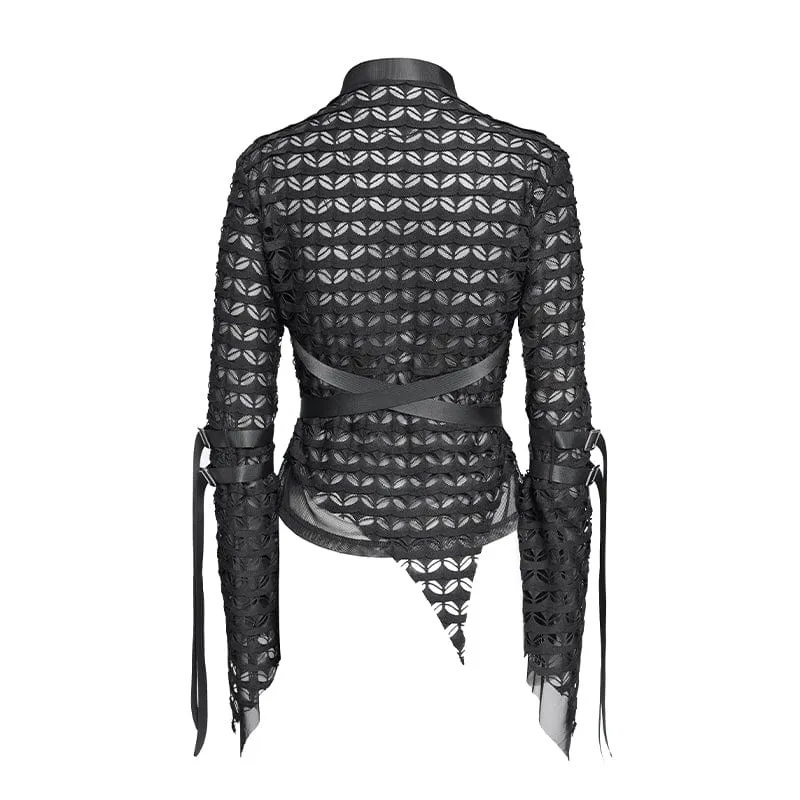 Punk-Netzhemd mit Schnallenriemen für Damen