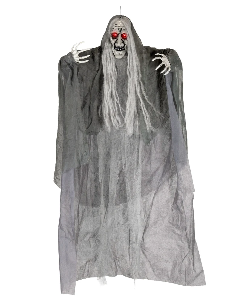 Griselda die Graue Hexendeko Hängefigur mit Leuchtaugen 100cm