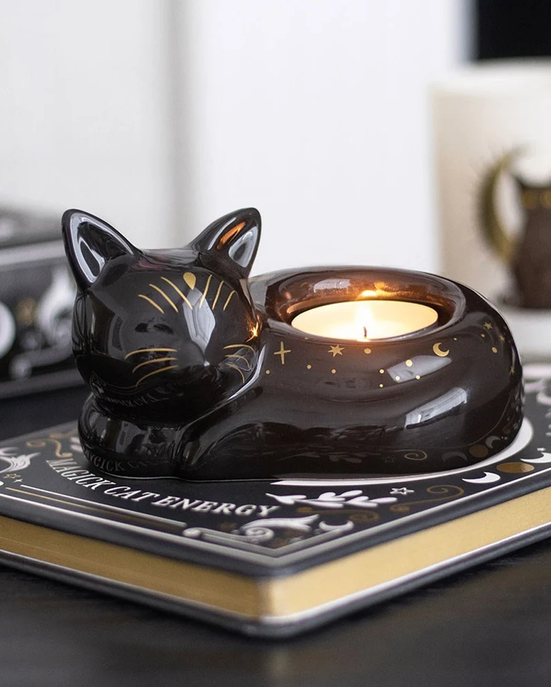 Schwarze, Schlafende Katze Teelichthalter 12cm