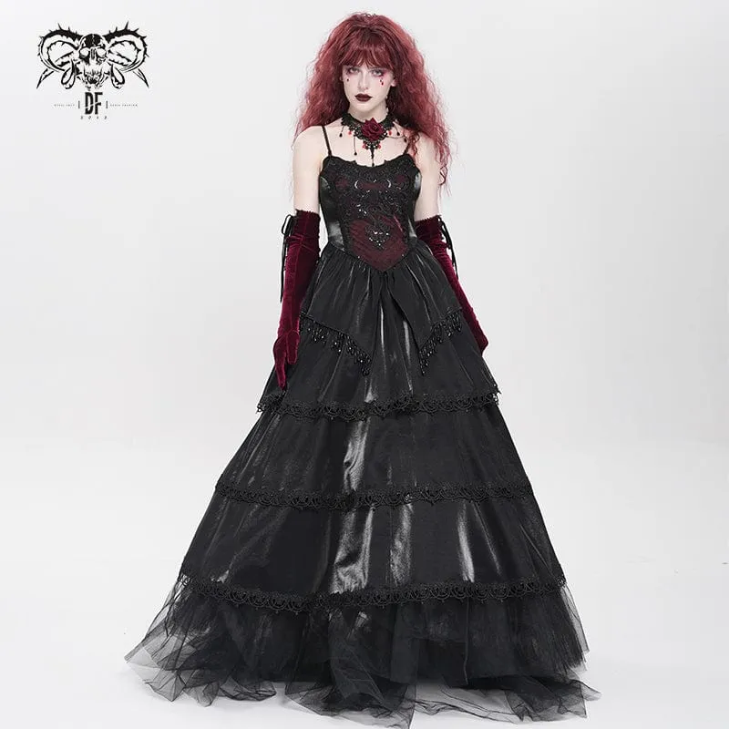 Gothic-Kleid mit Blumenstickerei und Perlen, mehrlagig, für Damen, Schwarz