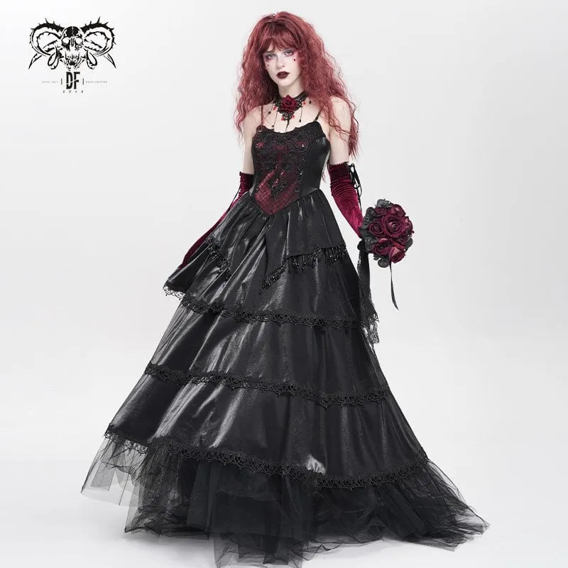 Gothic-Kleid mit Blumenstickerei und Perlen, mehrlagig, für Damen, Schwarz