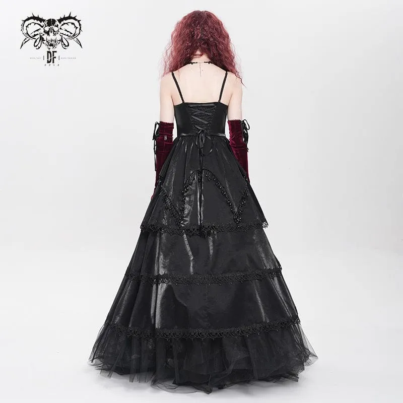 Gothic-Kleid mit Blumenstickerei und Perlen, mehrlagig, für Damen, Schwarz
