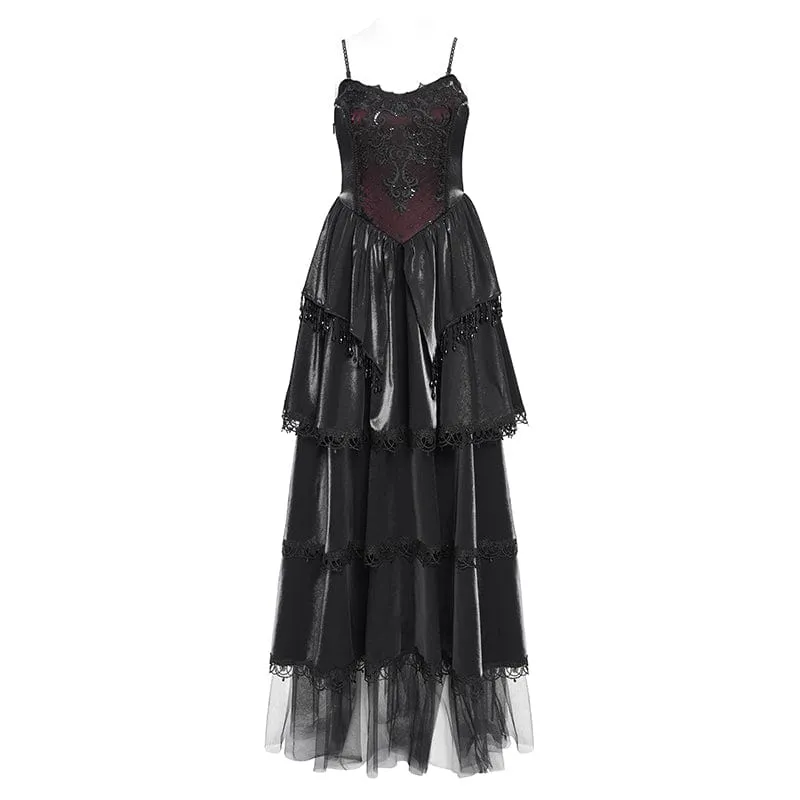 Gothic-Kleid mit Blumenstickerei und Perlen, mehrlagig, für Damen, Schwarz