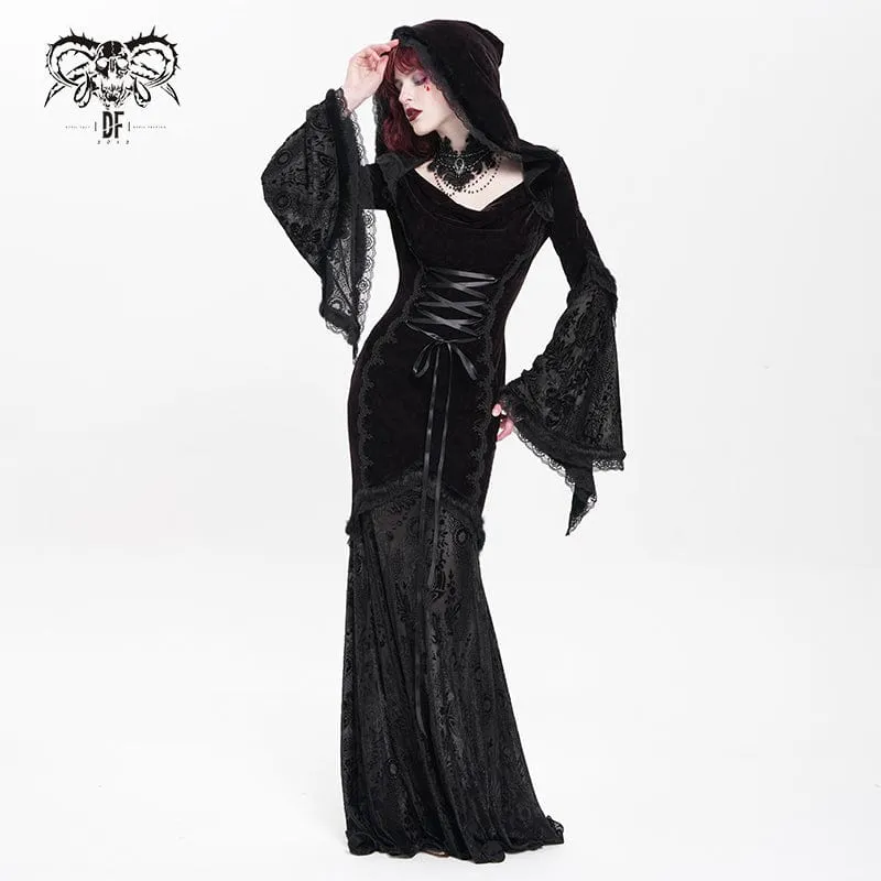 Rotes gotisches Brautkleid mit Kapuze, floraler Stickerei, Mesh-Einsätzen und Schnürung für Damen