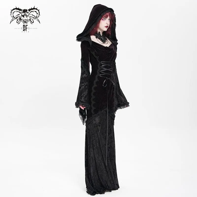Rotes gotisches Brautkleid mit Kapuze, floraler Stickerei, Mesh-Einsätzen und Schnürung für Damen