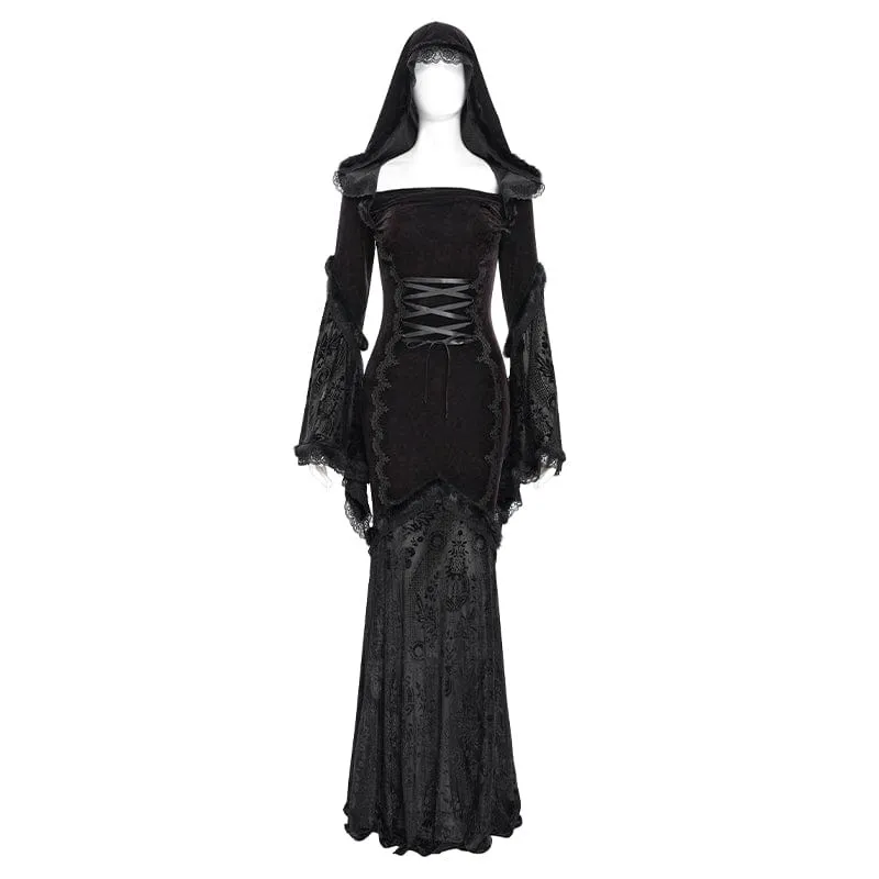 Rotes gotisches Brautkleid mit Kapuze, floraler Stickerei, Mesh-Einsätzen und Schnürung für Damen