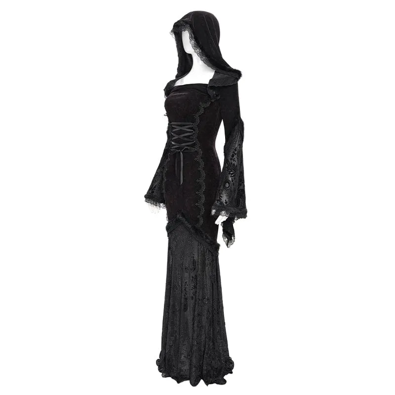 Rotes gotisches Brautkleid mit Kapuze, floraler Stickerei, Mesh-Einsätzen und Schnürung für Damen