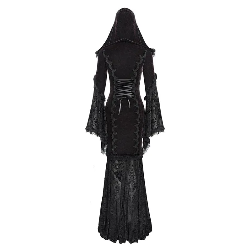 Rotes gotisches Brautkleid mit Kapuze, floraler Stickerei, Mesh-Einsätzen und Schnürung für Damen