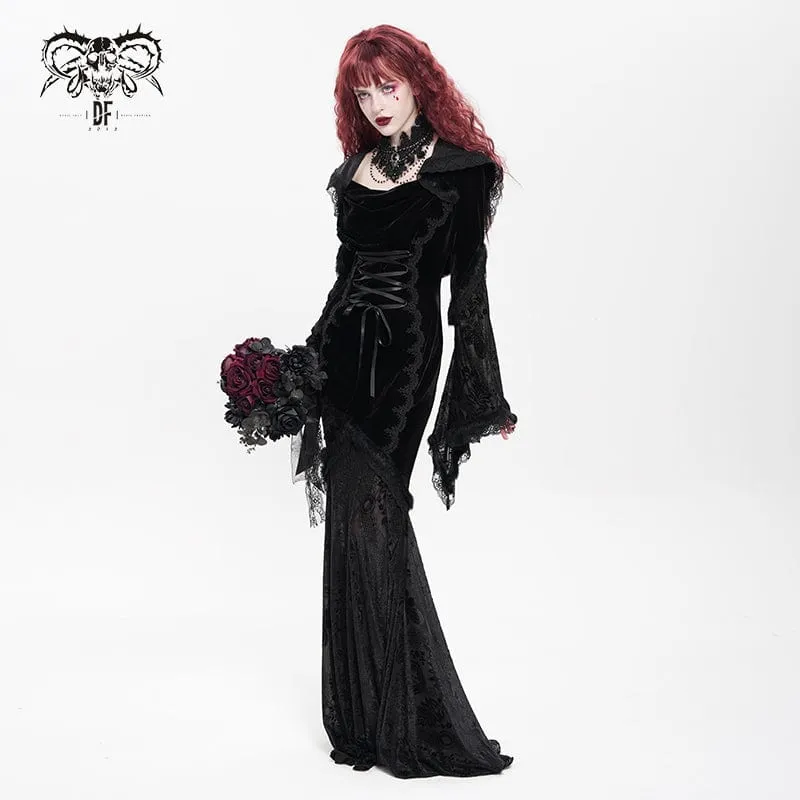 Schwarzes gotisches Brautkleid mit Kapuze, floraler Stickerei, Mesh-Einsätzen und Schnürung für Damen