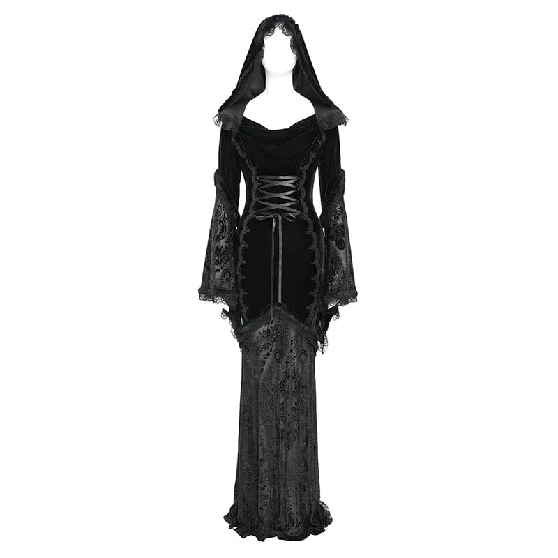 Schwarzes gotisches Brautkleid mit Kapuze, floraler Stickerei, Mesh-Einsätzen und Schnürung für Damen