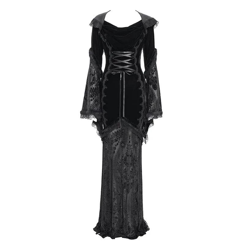 Schwarzes gotisches Brautkleid mit Kapuze, floraler Stickerei, Mesh-Einsätzen und Schnürung für Damen