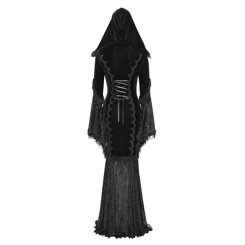 Schwarzes gotisches Brautkleid mit Kapuze, floraler Stickerei, Mesh-Einsätzen und Schnürung für Damen