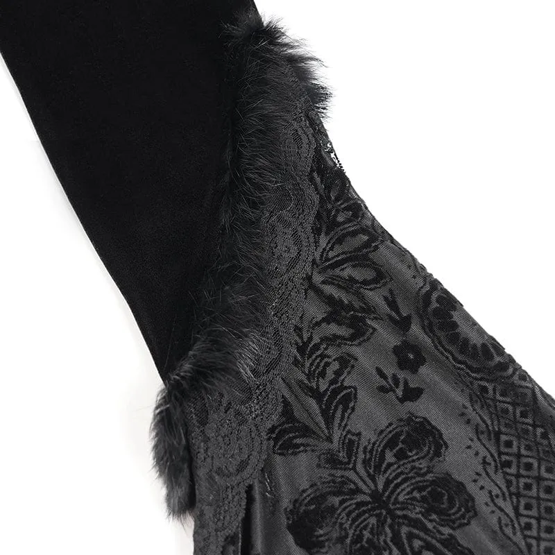 Schwarzes gotisches Brautkleid mit Kapuze, floraler Stickerei, Mesh-Einsätzen und Schnürung für Damen