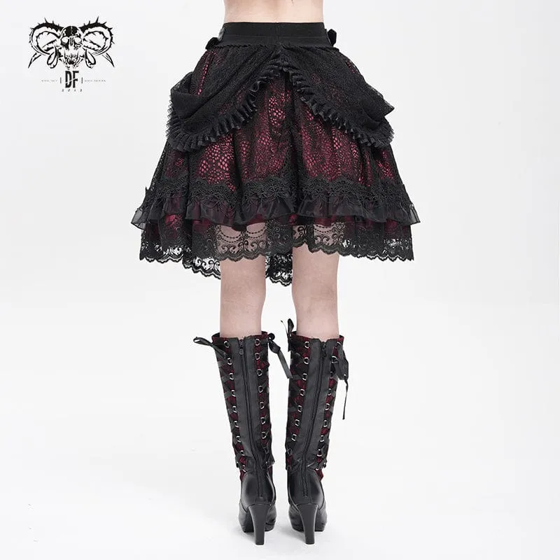 Gothic-Rock mit Schnallenriemen und mehrlagigem Saum für Damen, Rot