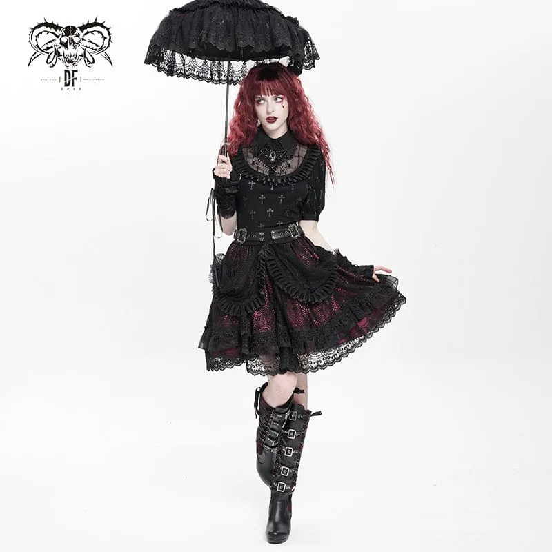 Gothic-Rock mit Schnallenriemen und mehrlagigem Saum für Damen, Rot