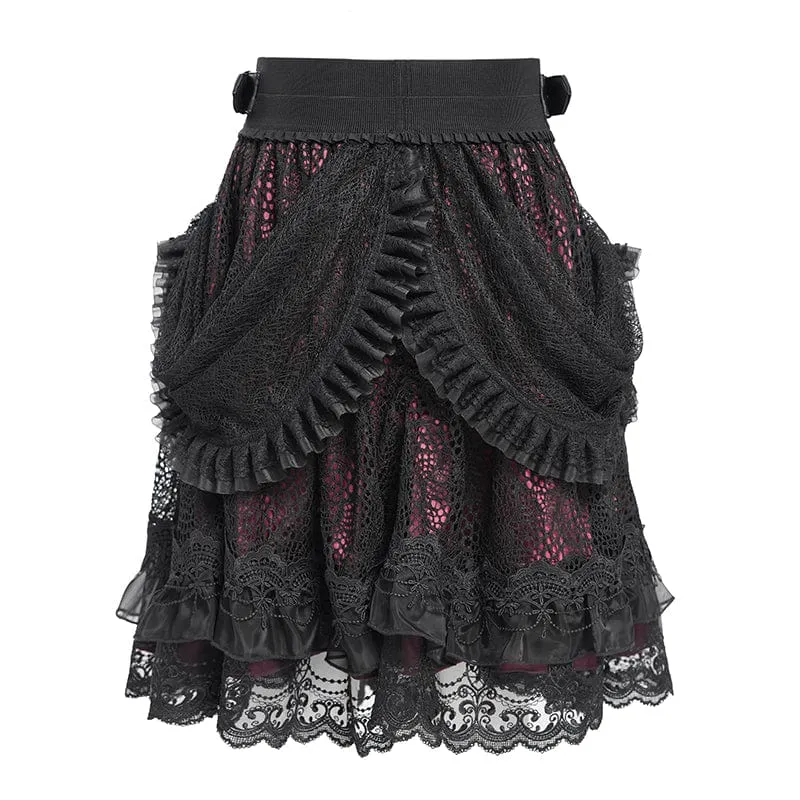 Gothic-Rock mit Schnallenriemen und mehrlagigem Saum für Damen, Rot