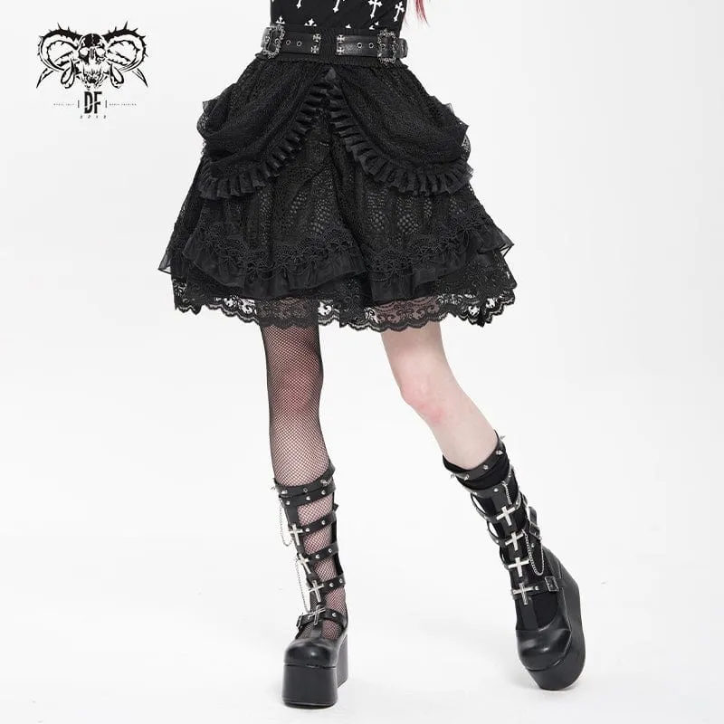 Gothic-Rock mit Schnallenriemen und mehrlagigem Saum für Damen, Schwarz