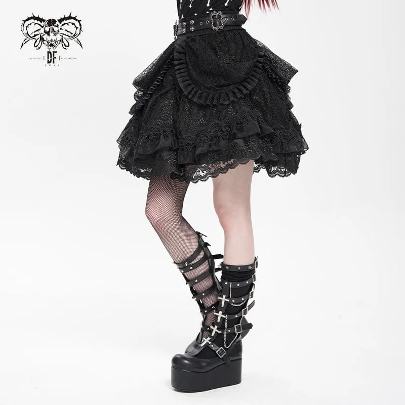 Gothic-Rock mit Schnallenriemen und mehrlagigem Saum für Damen, Schwarz