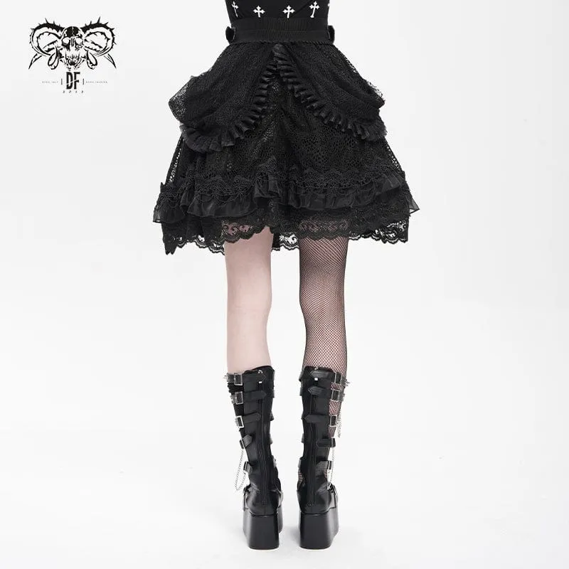 Gothic-Rock mit Schnallenriemen und mehrlagigem Saum für Damen, Schwarz
