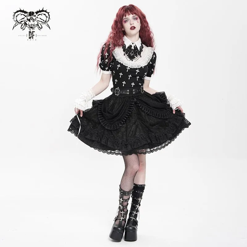 Gothic-Rock mit Schnallenriemen und mehrlagigem Saum für Damen, Schwarz