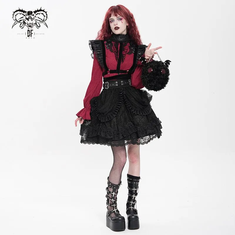 Gothic-Rock mit Schnallenriemen und mehrlagigem Saum für Damen, Schwarz