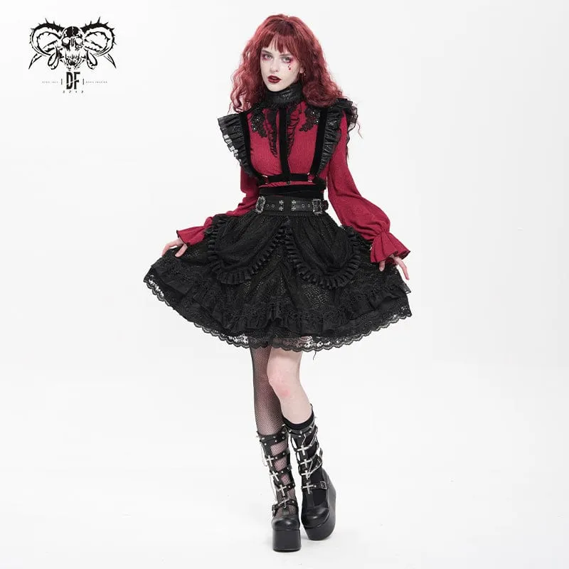 Gothic-Rock mit Schnallenriemen und mehrlagigem Saum für Damen, Schwarz